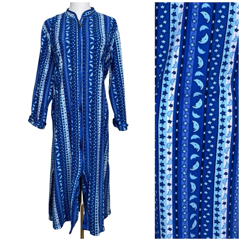 Vintage Liz Claiborne Robe Women M Blue Celestial Moon Star‎ Fleece Zip Up Y2K